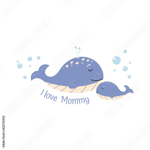 Cute baby lettering with an adult and a baby whales. I love Mommy phrase with animals. Vector cartoon illustration for nursery fabric, decor, clothes, and t-shirts in pastel colors.