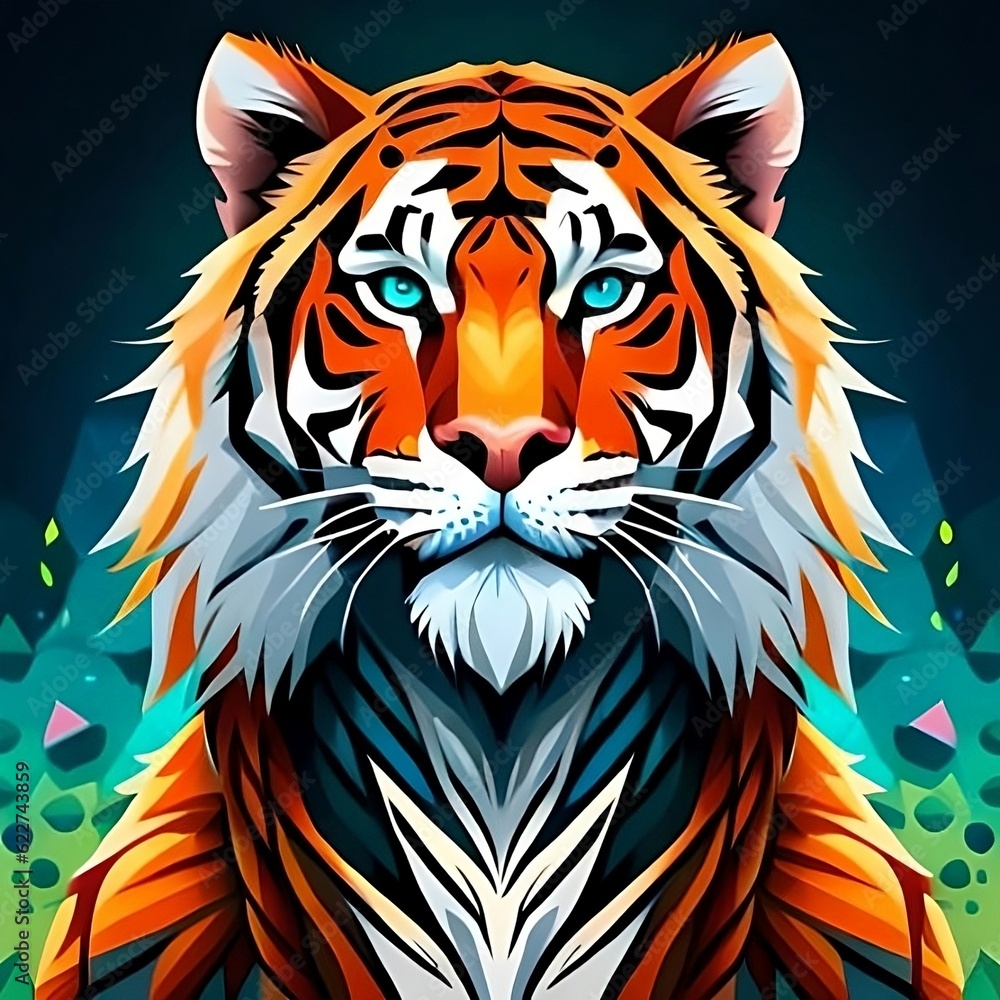 An image of a colorful tiger with blue eyes.
