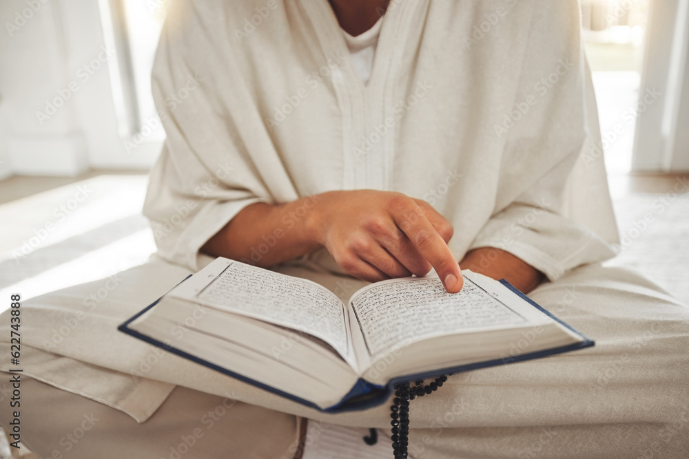 Reading book, muslim or hands of man with Quran on Eid Mubarak praying to God or worship at home. Allah, hope or Ramadan with spiritual person learning Islamic info for faith, religion and gratitude Reading book, muslim or hands of man with Quran on Eid Mubarak praying to God or worship at home. Allah, hope or Ramadan with spiritual person learning Islamic info for faith, religion and gratitude