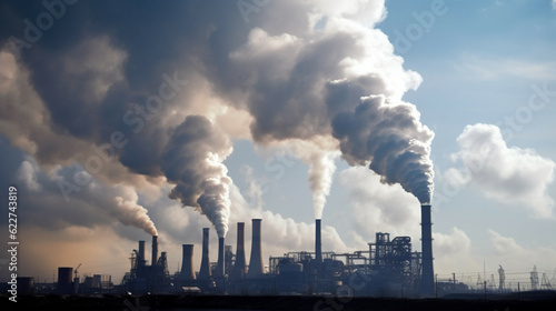 Photographie Power plant with smoking chimneys on a background of blue sky