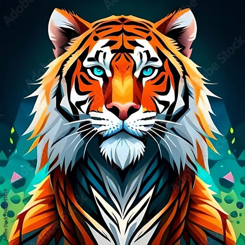 An image of a colorful tiger with blue eyes.