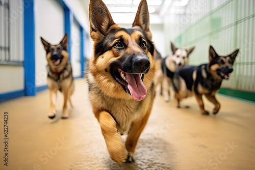 Happy dogs at a doggy day care, Pet dog mixed breed day care center