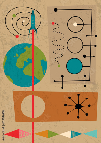 Mid Century Modern Vintage Colors Abstract Space Poster. 1950s-1960s Retro Future Style Space Rocket Illustration