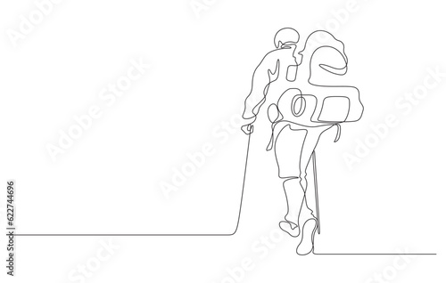 man trekking hiking with backpacking one line drawing