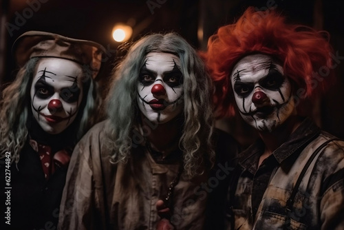 Scary halloween clowns, at a party wearing costumes and having fun. Generative AI.