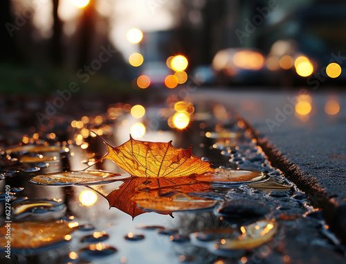 Evening landscape  autumn leaf in a puddle on the road close-up  generative ai