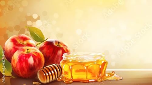 Fotografia Rosh Hashanah Jewish holiday banner design with honey jar, apple and pomegranate funny cartoon characters holding shofar , Jewish horn