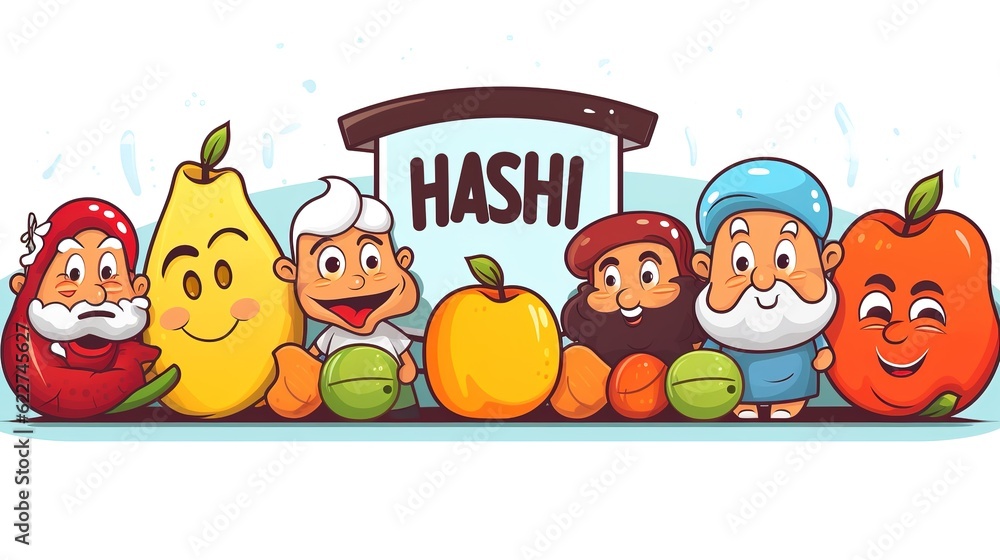 Rosh Hashanah Jewish holiday banner design with honey jar, apple and pomegranate funny cartoon characters holding shofar , Jewish horn. AI generated. Rosh Hashanah Jewish holiday banner design with honey jar, apple and pomegranate funny cartoon characters holding shofar , Jewish horn. AI generated.