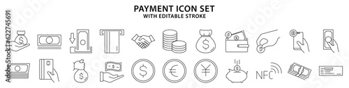 Payment icons. Set icon about payment. Line Icons. Vector Illustration. Editable Stroke.