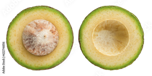 Falling avocado divided into parts isolated on white background. Avocado with a stone is cut into pieces that fall in different directions. Avocado slices with peel on a white background.