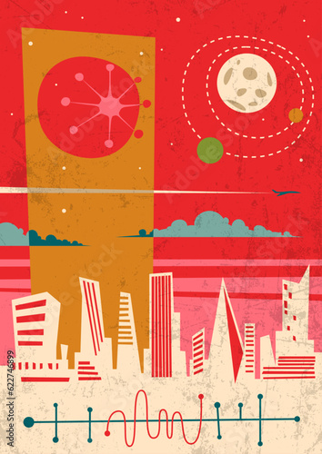 Retro Futurism Cityscape Colorful Abstraction Poster. Mid Century Modern Vintage Style Skyscrapers Illustration