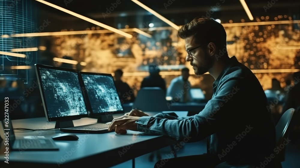 Young entrepreneur man working on his laptop at a table in a modern office space Young entrepreneur man working on his laptop at a table in a modern office space