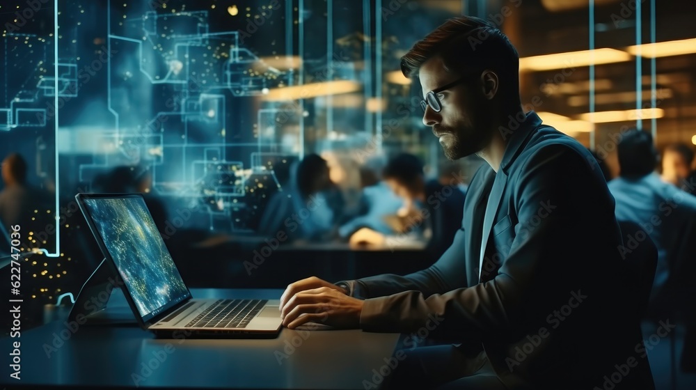 Young entrepreneur man working on his laptop at a table in a modern office space Young entrepreneur man working on his laptop at a table in a modern office space
