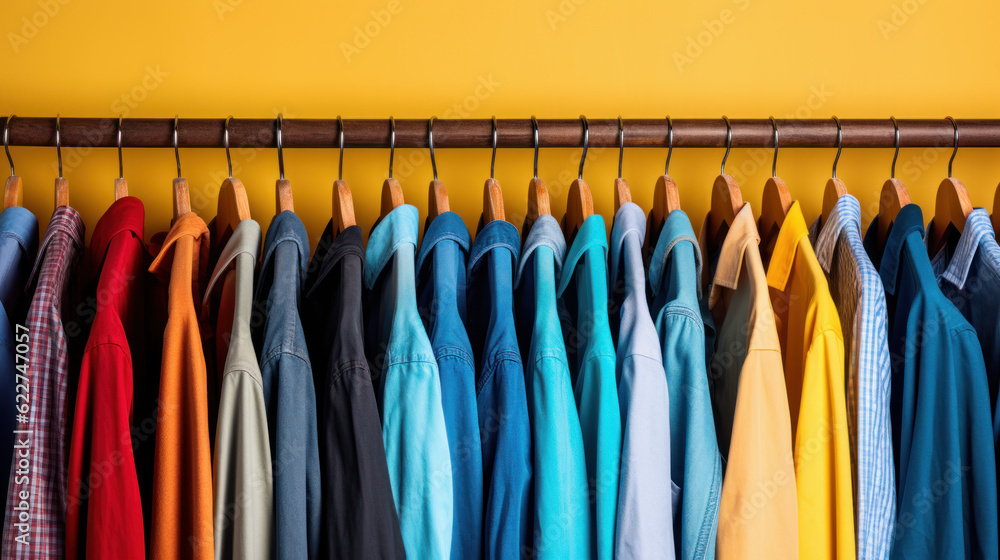 man colorful shirts in rack closet wardrobe
