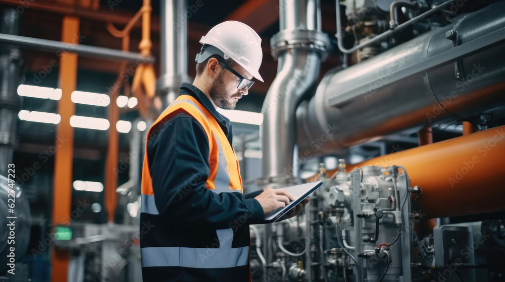 Fototapeta premium Professional worker of modern factory using laptop for checking machine in manufacturing industry.