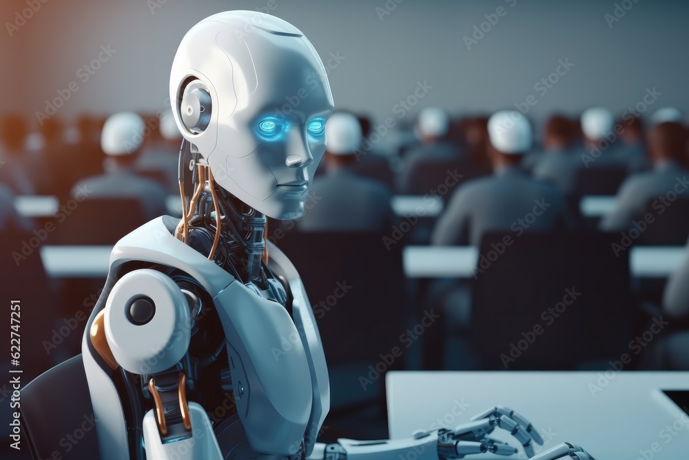 Ai humanoid robot sitting in front of a laptop and texting, Artificial intelligence or machine learning concepts. Ai humanoid robot sitting in front of a laptop and texting, Artificial intelligence or machine learning concepts.
