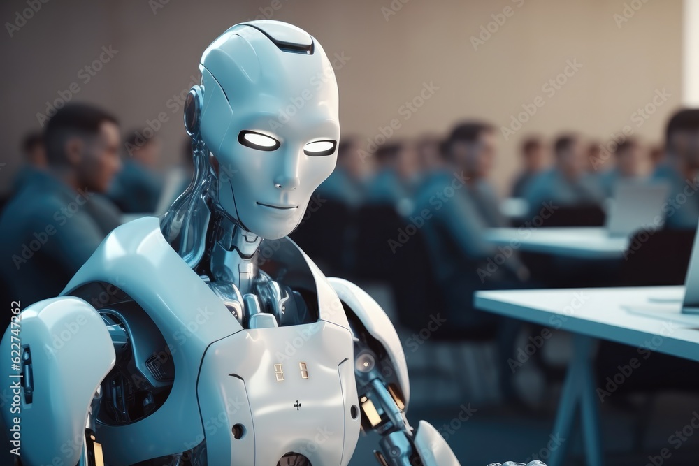 Ai humanoid robot sitting in front of a laptop and texting, Artificial intelligence or machine learning concepts. Ai humanoid robot sitting in front of a laptop and texting, Artificial intelligence or machine learning concepts.