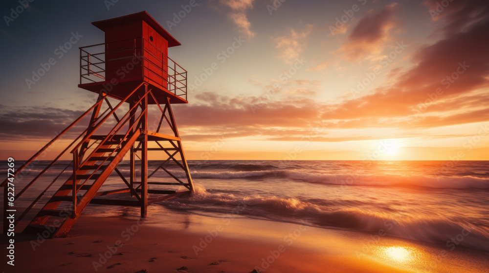 lifeguard tower on beach at sunset. summer and vacation