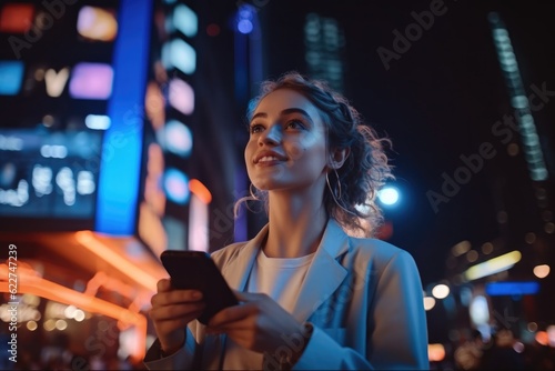 Beautiful Young Woman Using Smartphone Standing on the Night City Street Full of Neon Light, Posting Social Media. © visoot
