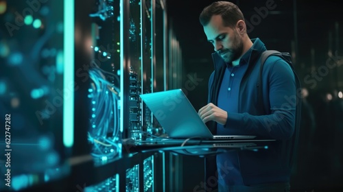Plakat IT Professional Admin Using Laptop in Data Center while Working Next to Server Racks Running Diagnostics or Doing Maintenance Work.