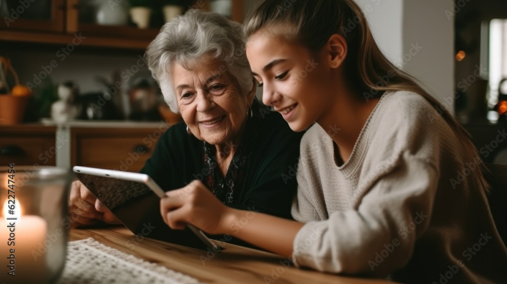 Happy grandmother and granddaughter in the kitchen looking at the tablet. Happy grandmother and granddaughter in the kitchen looking at the tablet.