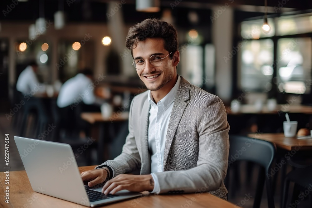 Cheerful businessman in smart casual is sitting using laptop computer at a desk in a cafe. Cheerful businessman in smart casual is sitting using laptop computer at a desk in a cafe.