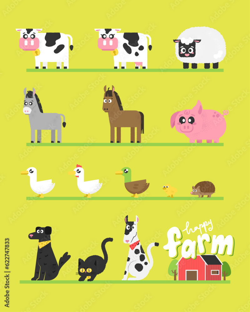 Fototapeta premium Farm animals set. Cow sheep duck pig donkey dogs and cats.