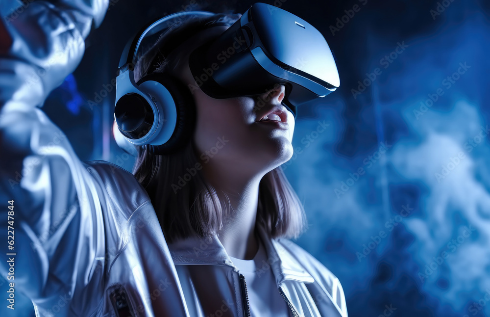 Young woman wearing VR goggles and touching air while having virtual reality experience in neon light. Young woman wearing VR goggles and touching air while having virtual reality experience in neon light.
