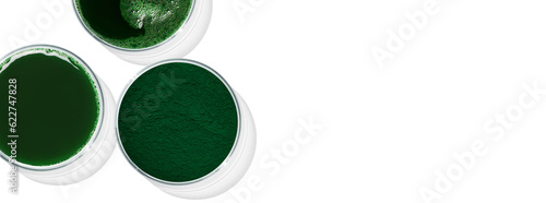 Rectangular banner with Petri dishes isolated. Spirulina in different forms. Can be pasted on your background photo