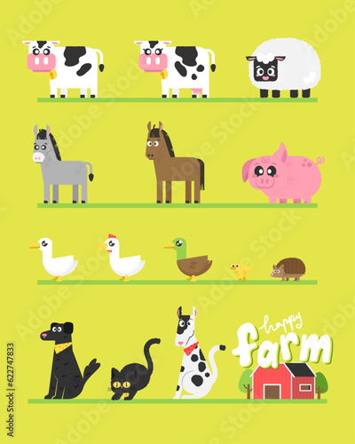 Farm animals set. Cow sheep duck pig donkey dogs and cats. © supatcha