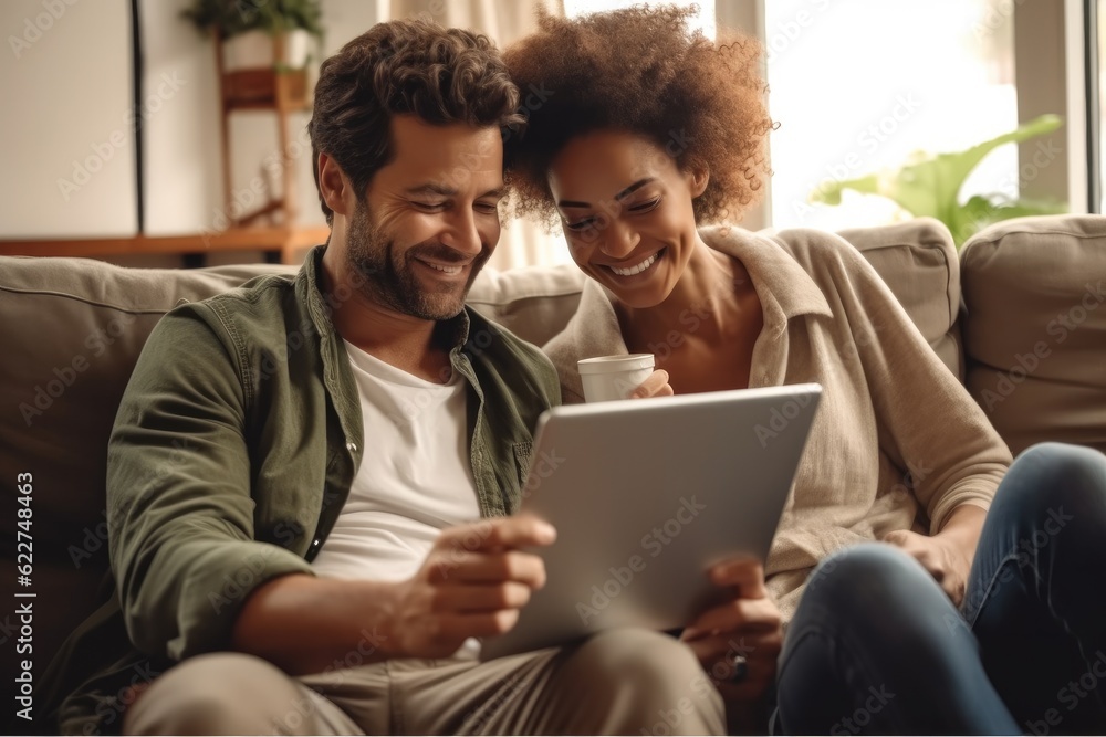 Young couple watching media content online in a tablet sitting on a sofa in the living room, Relax on weekends. Young couple watching media content online in a tablet sitting on a sofa in the living room, Relax on weekends.