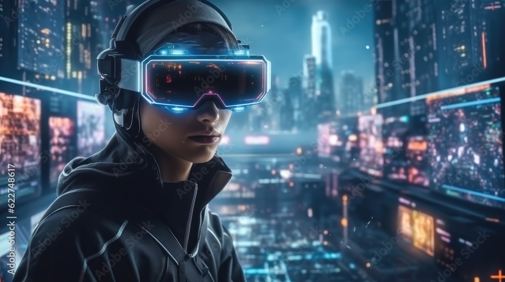 Hacker wearing VR glasses virtual in a futuristic setting, surrounded by holographic interfaces, intricate code, and virtual reality elements.