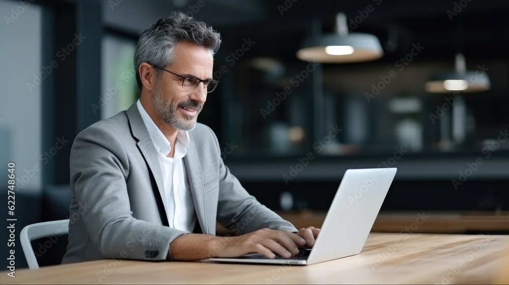 Happy middle aged businessman ceo wearing suit sitting at desk in office using laptop for working. Happy middle aged businessman ceo wearing suit sitting at desk in office using laptop for working.