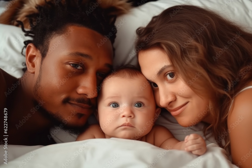 Happy family woke up in the morning at home on a bed.