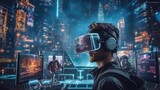 Hacker wearing VR glasses virtual in a futuristic setting, surrounded by holographic interfaces, intricate code, and virtual reality elements.