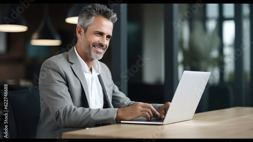 Happy middle aged businessman ceo wearing suit sitting at desk in office using laptop for working.