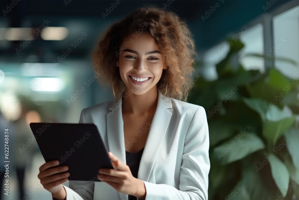 Smiling businesswoman using tablet PC standing in modern office, Successful entrepreneur doing online web work in app. Smiling businesswoman using tablet PC standing in modern office, Successful entrepreneur doing online web work in app.