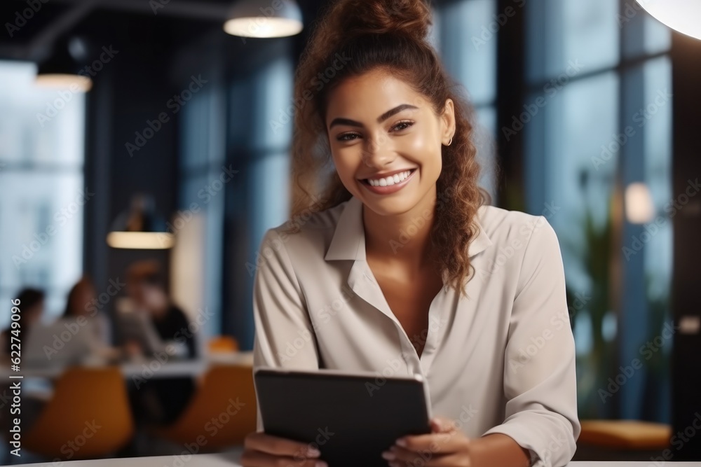 Business woman in office use digital tablet for social media, Networking or website, Internet and technology with female employee in digital agency for online. Business woman in office use digital tablet for social media, Networking or website, Internet and technology with female employee in digital agency for online.