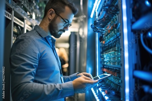 Fotografia Data Center Engineer, Young man holding digital tablet standing by supercomputer server cabinets in data center, Data Protection Network for Cyber Security