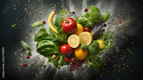 Nourishing Organic Food Explosion: Promoting Healthy Eating with Fruits and Vegetables. Top View, High-Resolution, Product Lighting