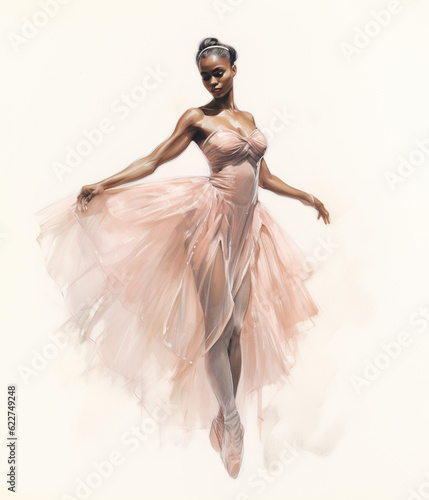 Portrait of beautiful young black ballerina in dress, sketch illustration style photo