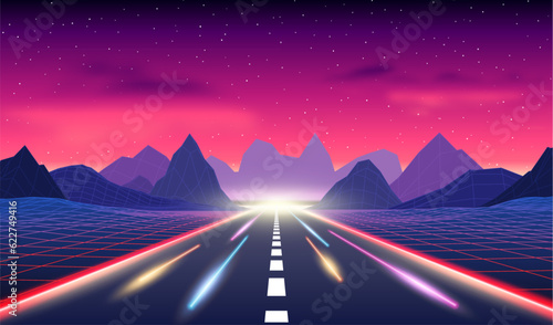 Foto Neon road in the mountains in synthwave style