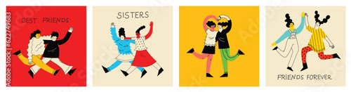 Best friends concept illustration. Vector illustration of multicultural girls and multicultural friendship. Happy friendship day. Teenage girl friends hugging and having fun.