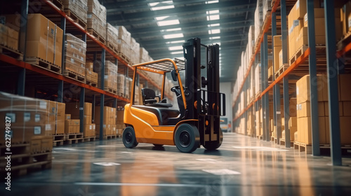 Forklift in the large modern warehouse, Large goods warehouse with shelves of pallet rack system storage.