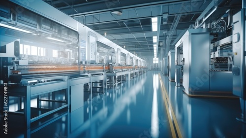 Intelligent factory production line, Industry 4.0 smart factory interior showcases IIoT machines, efficient workstations, and automated production lines.