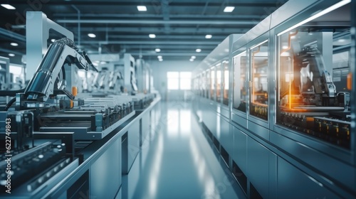 Intelligent factory production line, Industry 4.0 smart factory interior showcases IIoT machines, efficient workstations, and automated production lines.