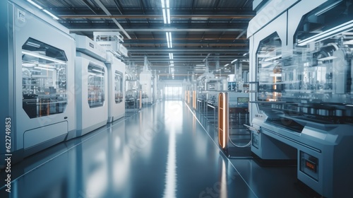 Intelligent factory production line, Industry 4.0 smart factory interior showcases IIoT machines, efficient workstations, and automated production lines.