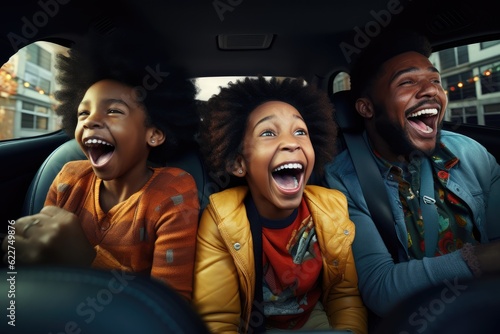 Happy african american family of father and children enjoying road trip together, AI Generative