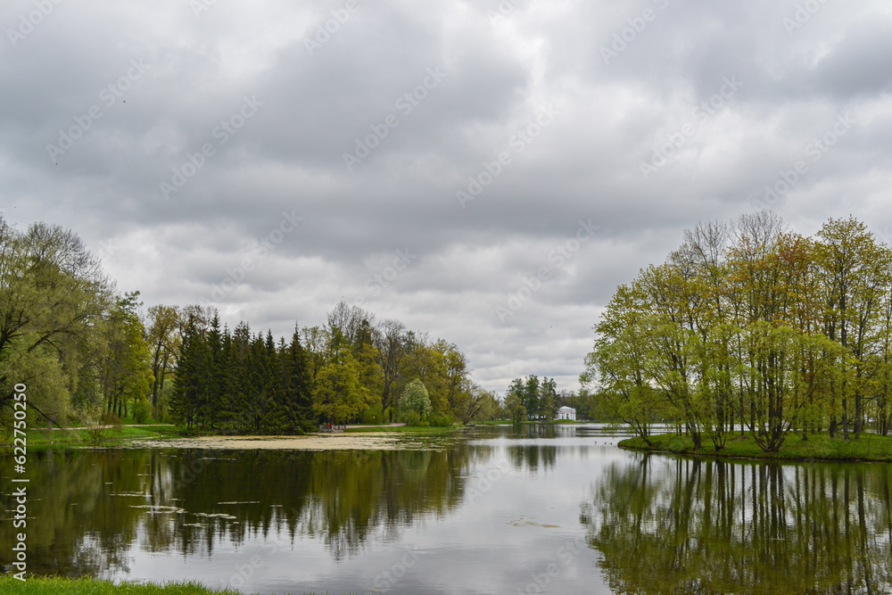 beautiful autumn park with a pond