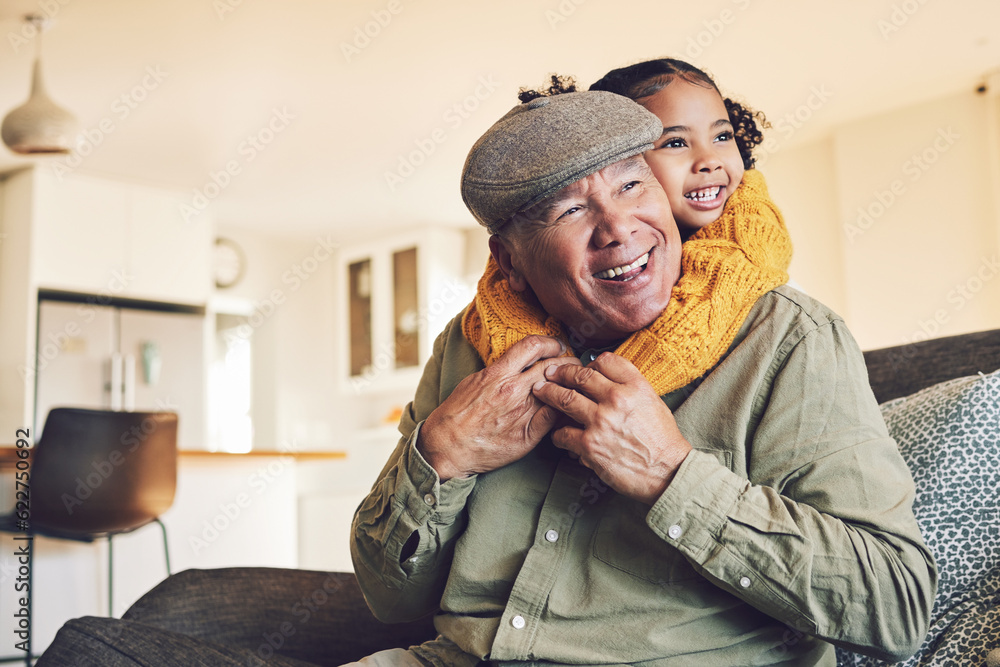 Ταπετσαρία Hug, grandparent playing or happy child in family home on sofa with love or care bonding together
